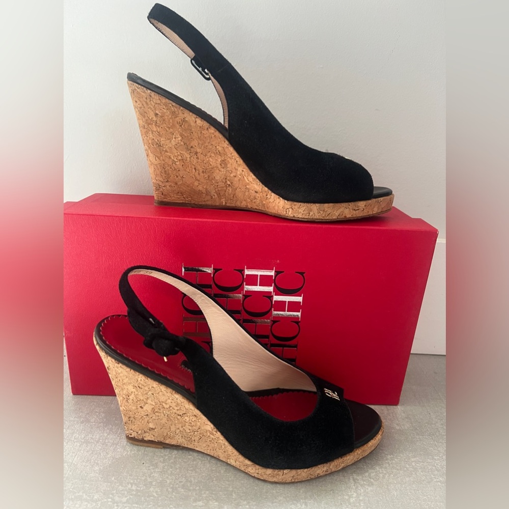 AUTHENTIC. Carolina Herrera BLACK SUEDE Wedge 100mm Ankle Strap Sling-back. - Picture 12 of 14